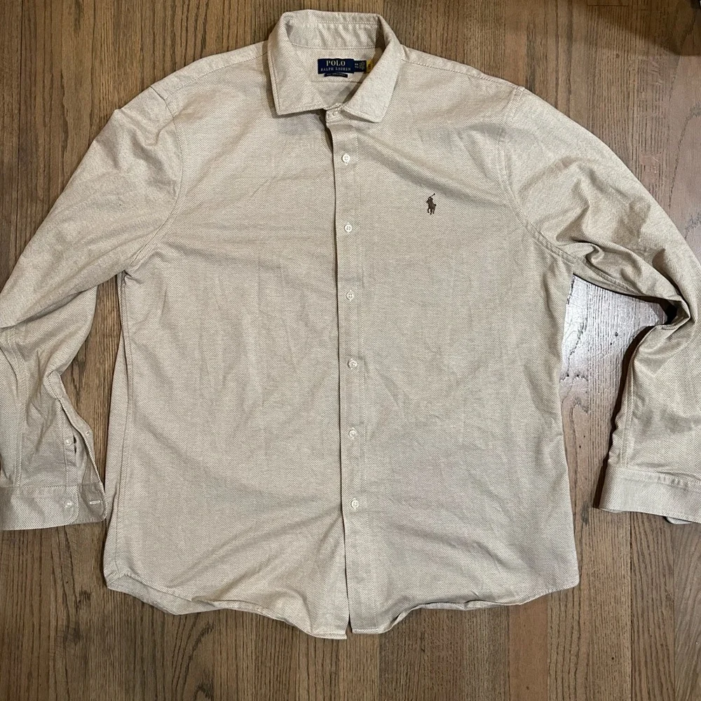 Polo Ralph Lauren Knit Dress Shirt-Tan Herringbone-Size XXL - Picture 1 of 8